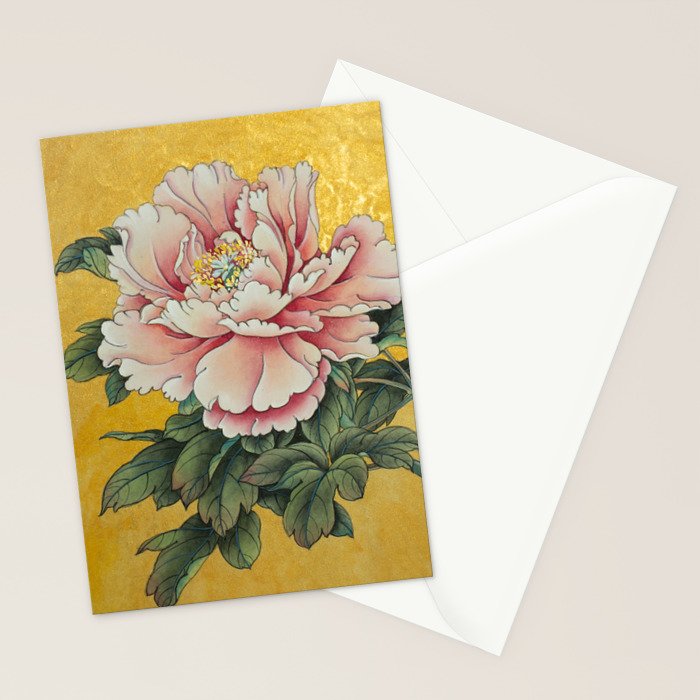 Chinoiserie Peach Blooming Peony Gold Leaf Art Painting Stationery Card Gallery Image 2