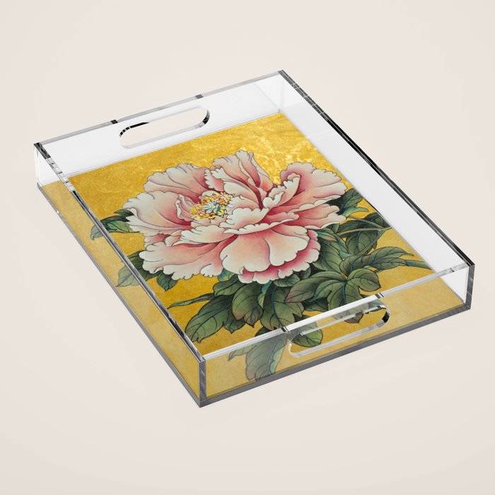 Chinoiserie Peach Blooming Peony Gold Leaf Art Painting Acrylic Tray Gallery Image 1