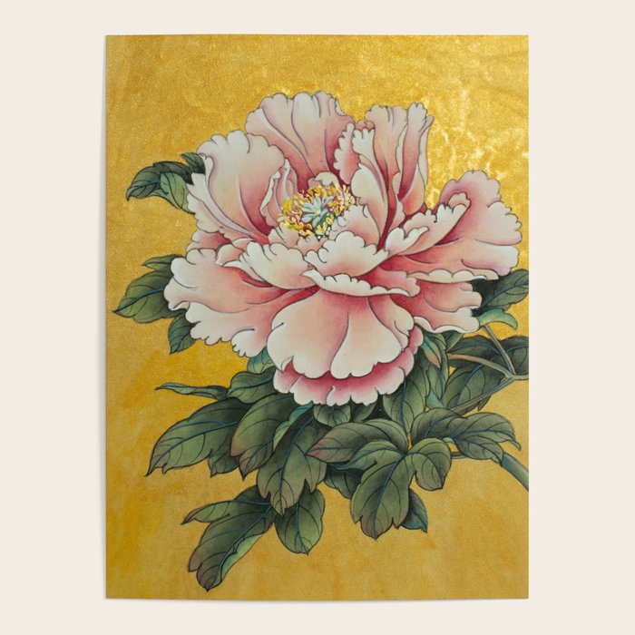 Chinoiserie Peach Blooming Peony Gold Leaf Art Painting Poster Gallery Image 1