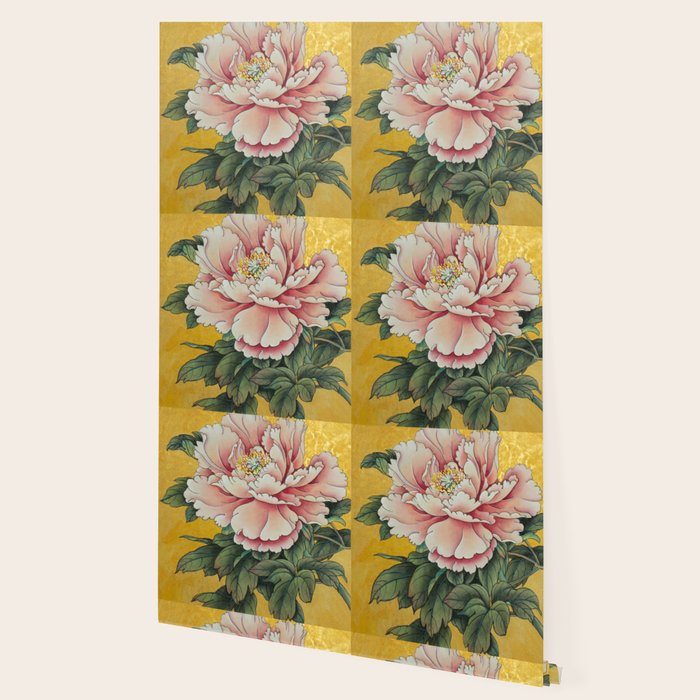 Chinoiserie Peach Blooming Peony Gold Leaf Art Painting Wallpaper Gallery Image 2