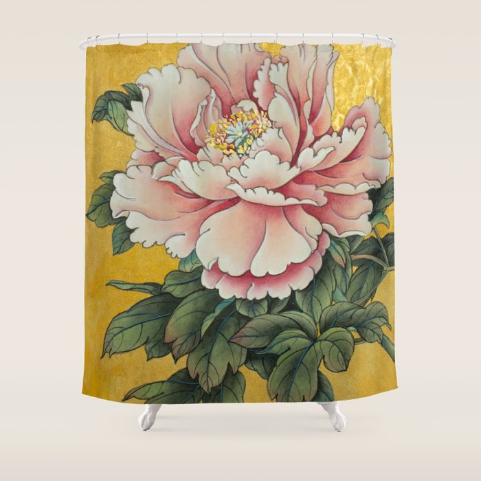 Chinoiserie Peach Blooming Peony Gold Leaf Art Painting Shower Curtain Gallery Image 1