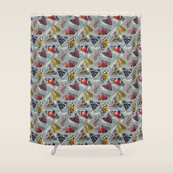 Quirky beautiful moths // morning blue textured background oxford navy blue ivory yellow and red tiger moth insects Shower Curtain Gallery Image 1