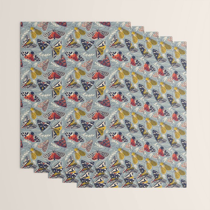 Quirky beautiful moths // morning blue textured background oxford navy blue ivory yellow and red tiger moth insects Wrapping Paper Gallery Image 3