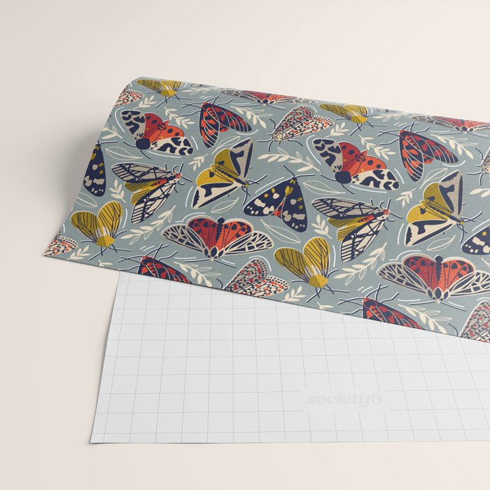 Quirky beautiful moths // morning blue textured background oxford navy blue ivory yellow and red tiger moth insects Wrapping Paper Gallery Image 2