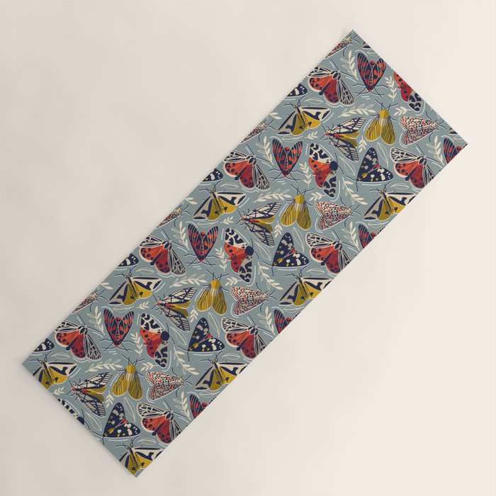 Quirky beautiful moths // morning blue textured background oxford navy blue ivory yellow and red tiger moth insects Yoga Mat Gallery Image 1