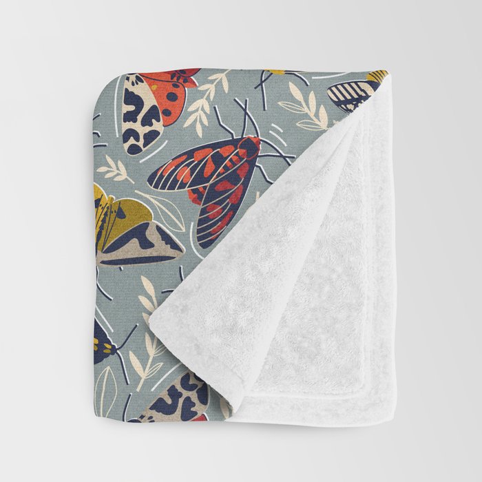Quirky beautiful moths // morning blue textured background oxford navy blue ivory yellow and red tiger moth insects Throw Blanket Gallery Image 3