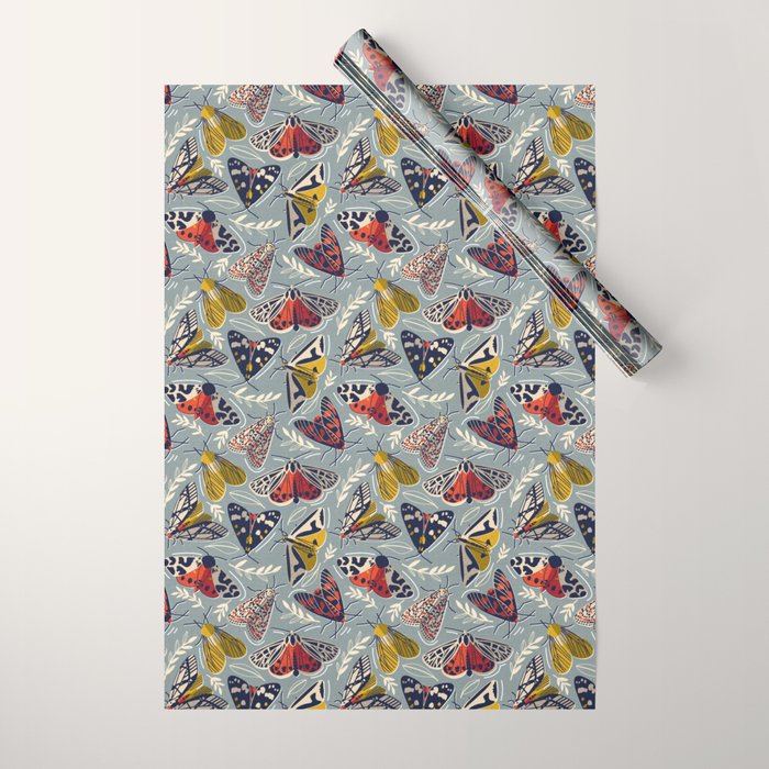 Quirky beautiful moths // morning blue textured background oxford navy blue ivory yellow and red tiger moth insects Wrapping Paper Gallery Image 1