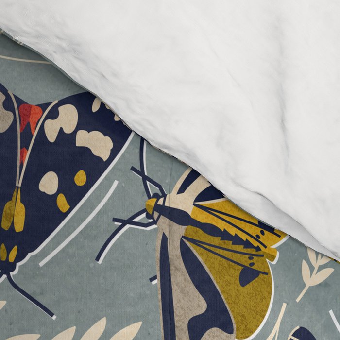 Quirky beautiful moths // morning blue textured background oxford navy blue ivory yellow and red tiger moth insects Comforter Gallery Image 4