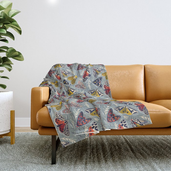 Quirky beautiful moths // morning blue textured background oxford navy blue ivory yellow and red tiger moth insects Throw Blanket Gallery Image 1