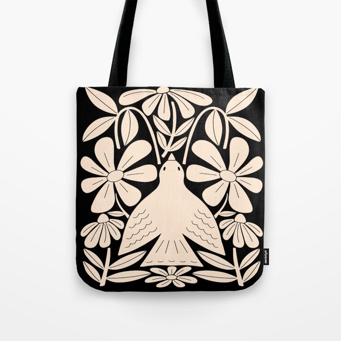 Freedom - Bird and Flower - Black and White  Tote Bag Gallery Image 1