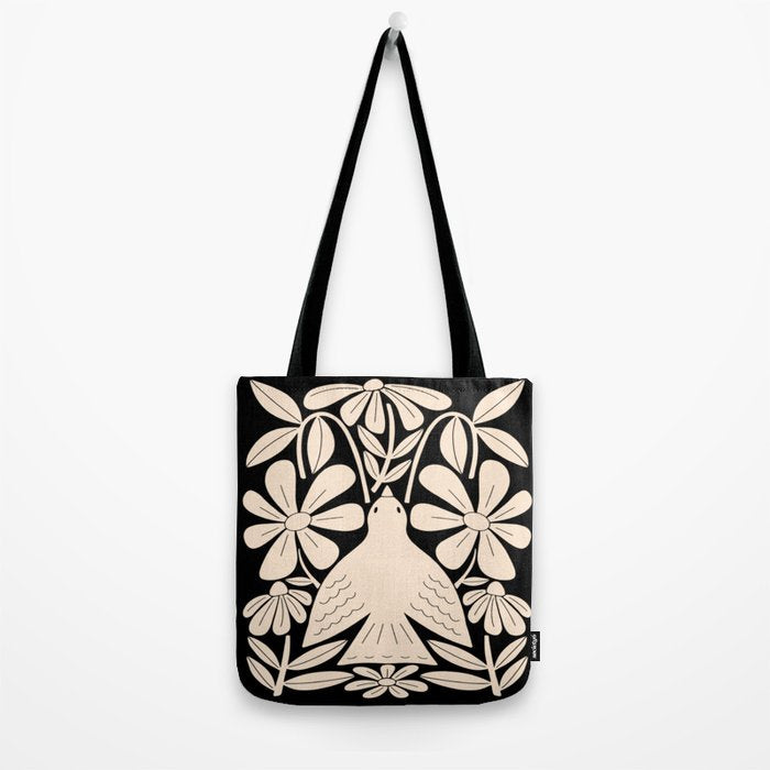 Freedom - Bird and Flower - Black and White  Tote Bag Gallery Image 2