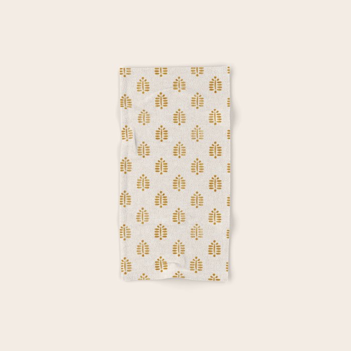 block print palm in golden on natural Bath Towel Gallery Image 1