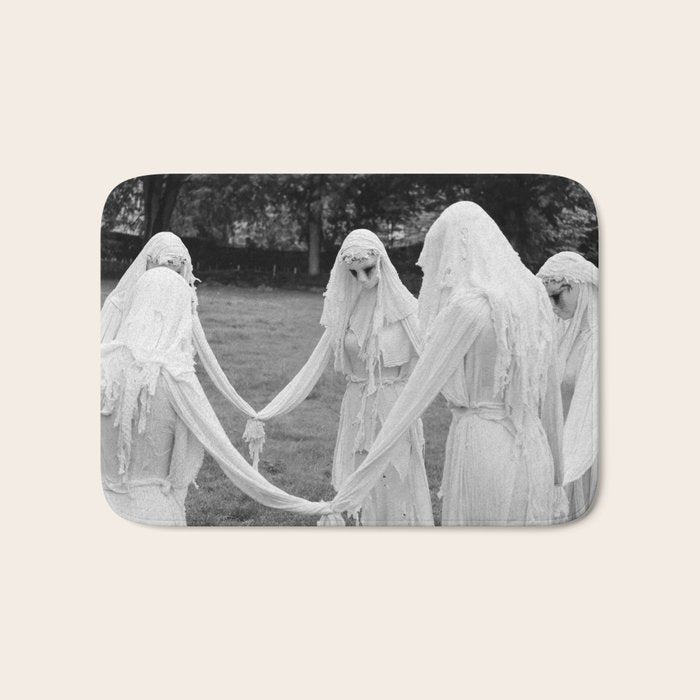 Salem witches, seance gathering of the witch black and white photograph Bath Mat Gallery Image 1