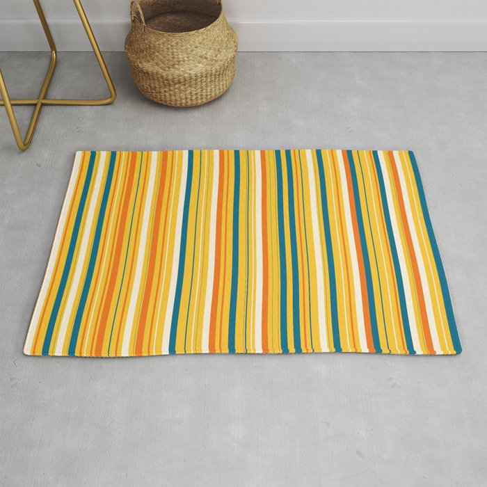 Retro 70s Vertical Stripes Orange Blue Yellow Pattern Rug Gallery Image 1