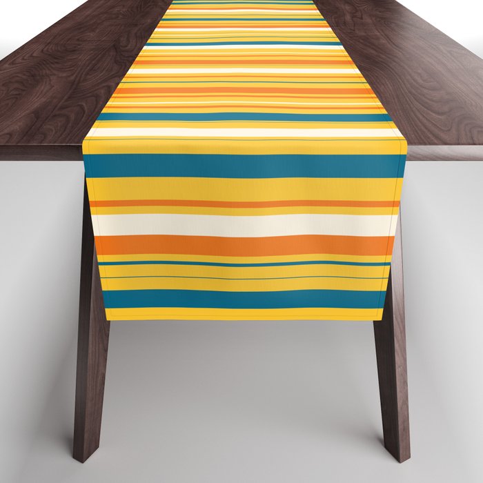 Retro 70s Vertical Stripes Orange Blue Yellow Pattern Table Runner Gallery Image 1