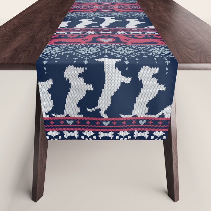 Fair Isle Knitting Doxie Love // navy blue background white and red dachshunds dogs bones paws and hearts Table Runner Gallery Image 1