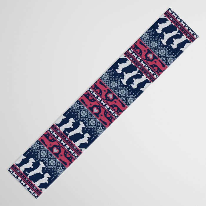 Fair Isle Knitting Doxie Love // navy blue background white and red dachshunds dogs bones paws and hearts Table Runner Gallery Image 3