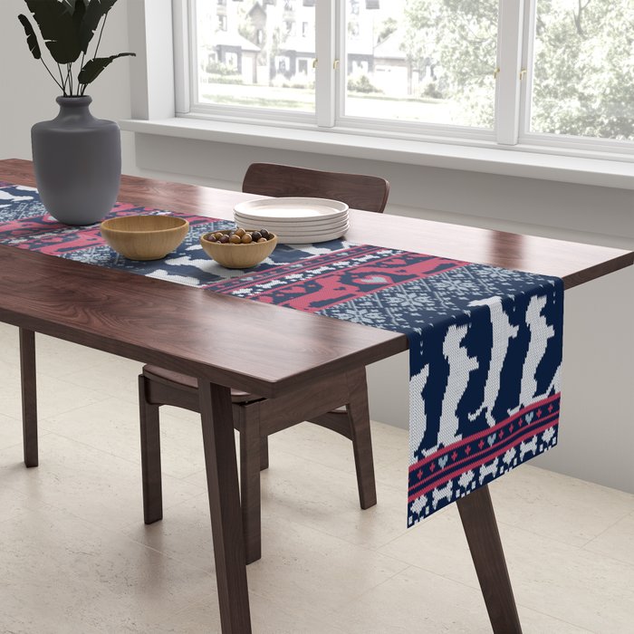 Fair Isle Knitting Doxie Love // navy blue background white and red dachshunds dogs bones paws and hearts Table Runner Gallery Image 2