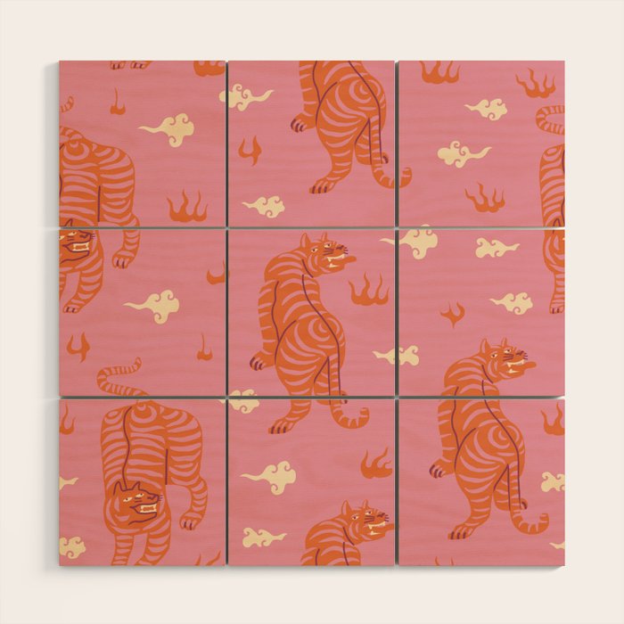 Oriental pink tigers Wood Wall Art Gallery Image 1