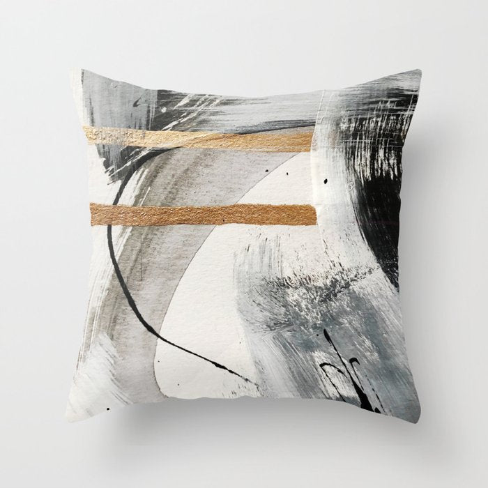 Armor [7]: a bold minimal abstract mixed media piece in gold, black and white Throw Pillow Gallery Image 1