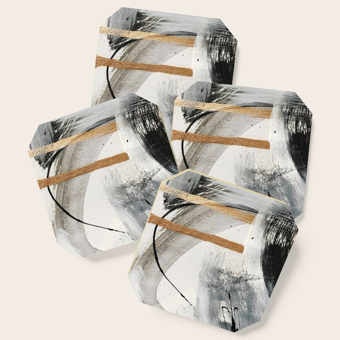 Armor [7]: a bold minimal abstract mixed media piece in gold, black and white Coaster Gallery Image 1