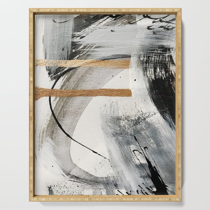 Armor [7]: a bold minimal abstract mixed media piece in gold, black and white Serving Tray Gallery Image 1