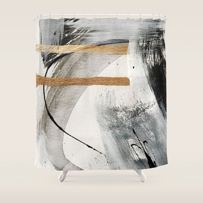 Armor [7]: a bold minimal abstract mixed media piece in gold, black and white Shower Curtain Gallery Image 1