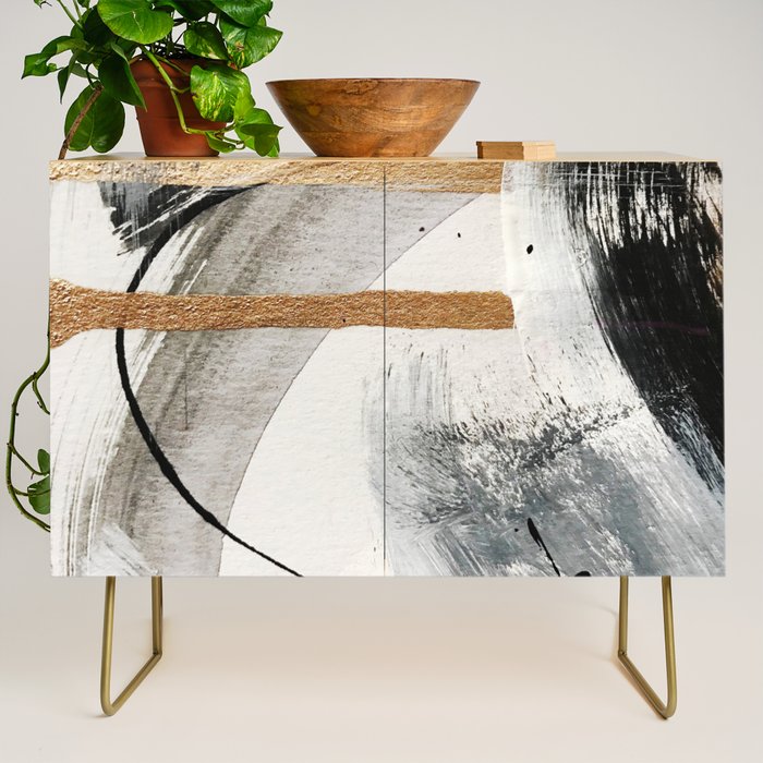 Armor [7]: a bold minimal abstract mixed media piece in gold, black and white Credenza Gallery Image 1