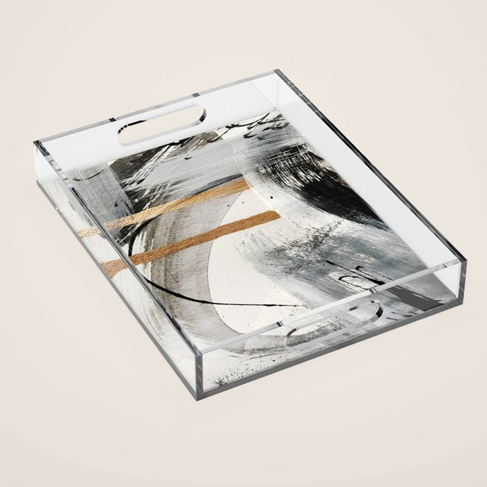 Armor [7]: a bold minimal abstract mixed media piece in gold, black and white Acrylic Tray Gallery Image 1