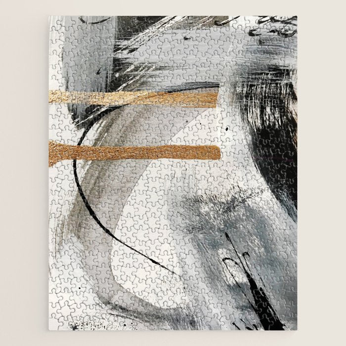 Armor [7]: a bold minimal abstract mixed media piece in gold, black and white Jigsaw Puzzle Gallery Image 1