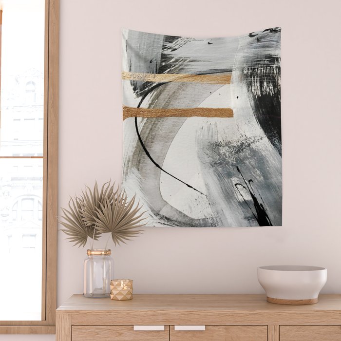 Armor [7]: a bold minimal abstract mixed media piece in gold, black and white Wall Tapestry Gallery Image 2