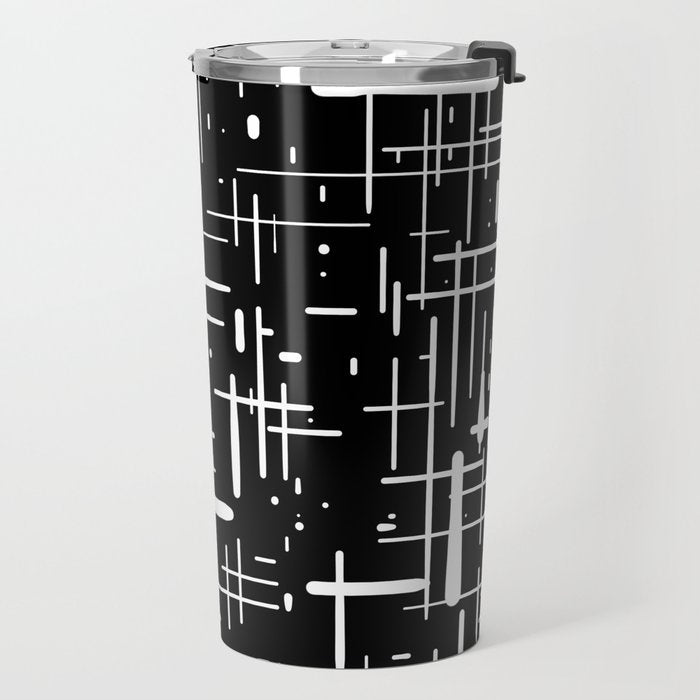Mid-Century Modern Kinetikos Pattern in Black and White Travel Mug Gallery Image 2