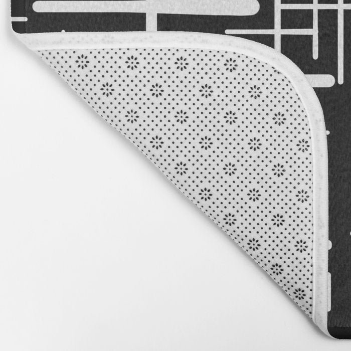 Mid-Century Modern Kinetikos Pattern in Black and White Bath Mat Gallery Image 2