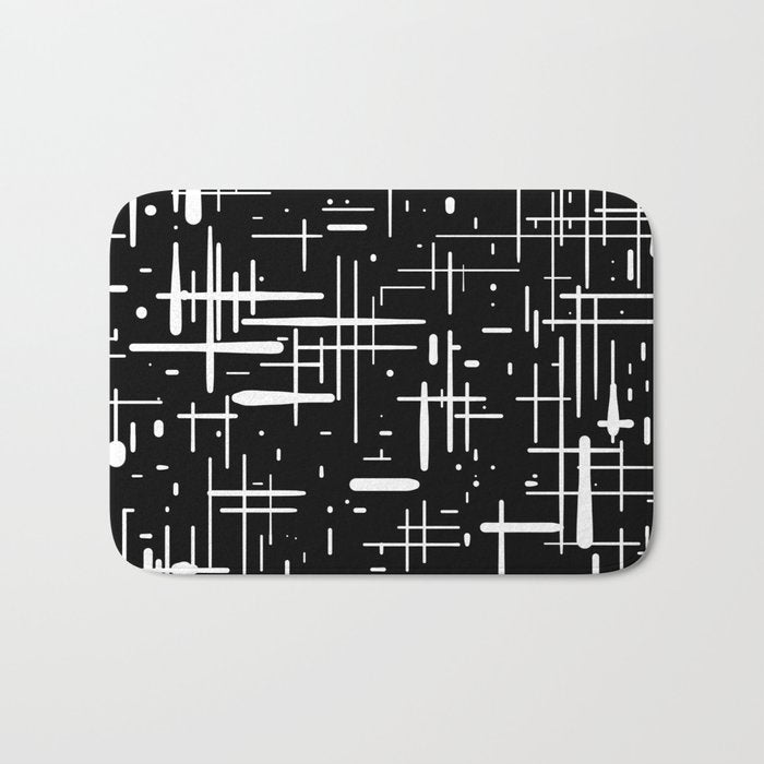 Mid-Century Modern Kinetikos Pattern in Black and White Bath Mat Gallery Image 1