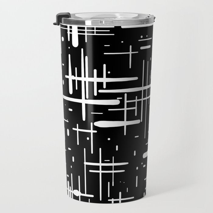 Mid-Century Modern Kinetikos Pattern in Black and White Travel Mug Gallery Image 3