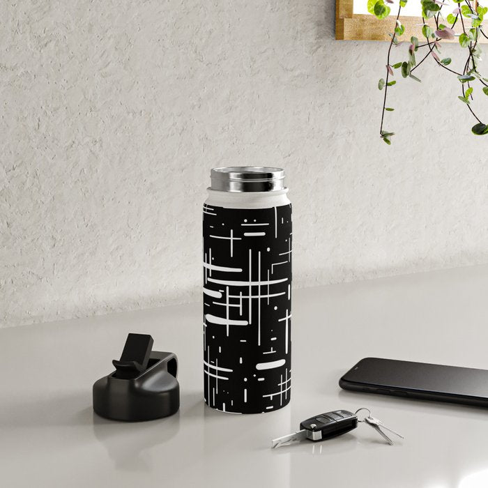 Mid-Century Modern Kinetikos Pattern in Black and White Water Bottle Gallery Image 4