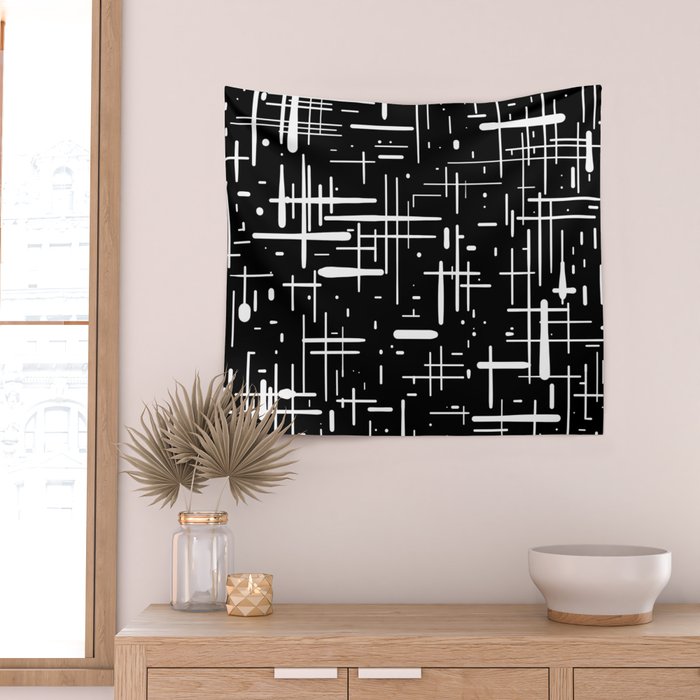 Mid-Century Modern Kinetikos Pattern in Black and White Wall Tapestry Gallery Image 2