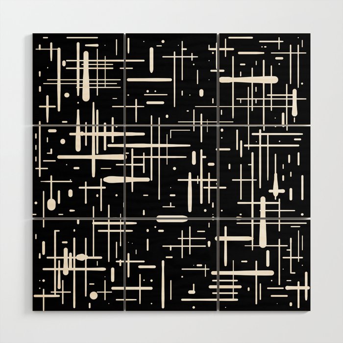 Mid-Century Modern Kinetikos Pattern in Black and White Wood Wall Art Gallery Image 1