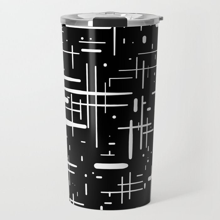 Mid-Century Modern Kinetikos Pattern in Black and White Travel Mug Gallery Image 1