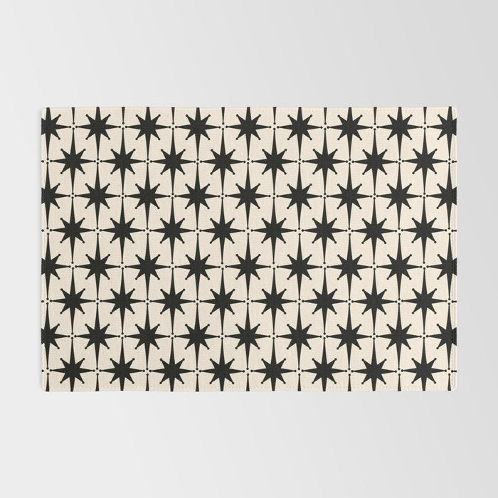 Midcentury Modern Atomic Age Starburst Pattern in Black and Almond Cream Rug Gallery Image 2