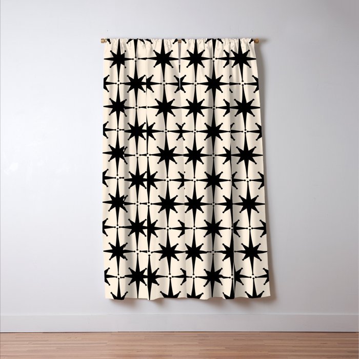 Midcentury Modern Atomic Age Starburst Pattern in Black and Almond Cream Window Curtain Gallery Image 3