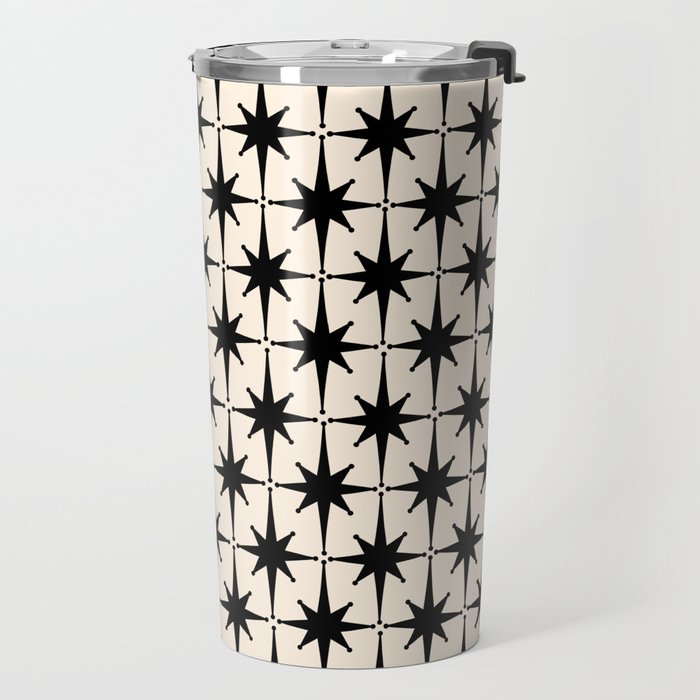 Midcentury Modern Atomic Age Starburst Pattern in Black and Almond Cream Travel Mug Gallery Image 2