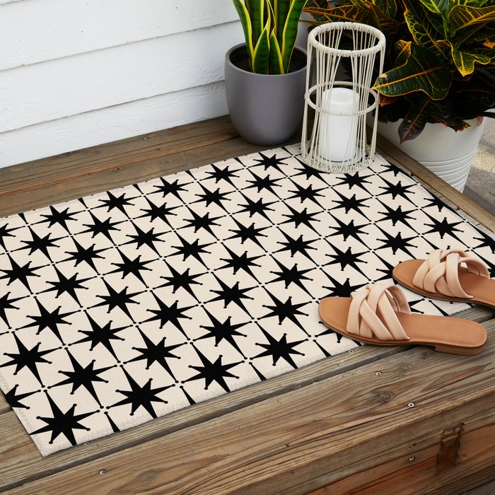 Midcentury Modern Atomic Age Starburst Pattern in Black and Almond Cream Outdoor Rug Gallery Image 2