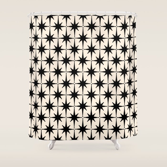 Midcentury Modern Atomic Age Starburst Pattern in Black and Almond Cream Shower Curtain