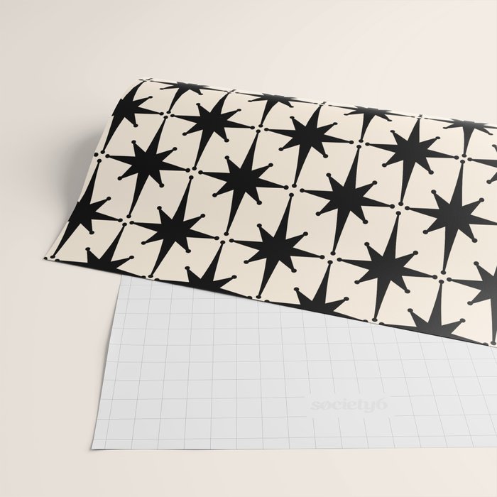 Midcentury Modern Atomic Age Starburst Pattern in Black and Almond Cream Wrapping Paper Gallery Image 2