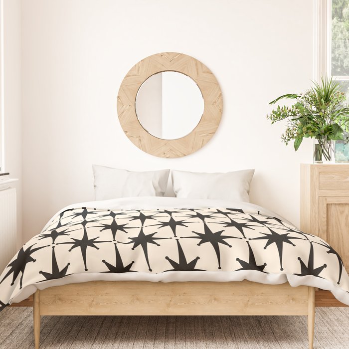 Midcentury Modern Atomic Age Starburst Pattern in Black and Almond Cream Duvet Cover Gallery Image 3