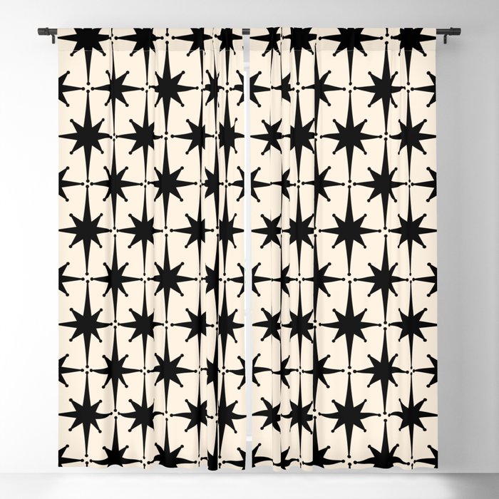 Midcentury Modern Atomic Age Starburst Pattern in Black and Almond Cream Window Curtain Gallery Image 1