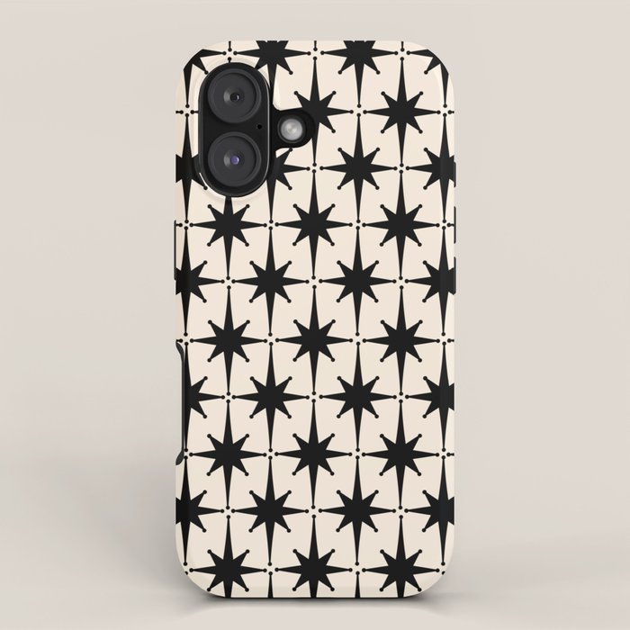 Midcentury Modern Atomic Age Starburst Pattern in Black and Almond Cream iPhone Case Gallery Image 1