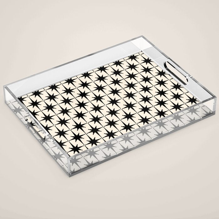 Midcentury Modern Atomic Age Starburst Pattern in Black and Almond Cream Acrylic Tray Gallery Image 1
