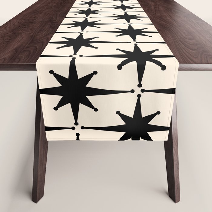 Midcentury Modern Atomic Age Starburst Pattern in Black and Almond Cream Table Runner Gallery Image 1